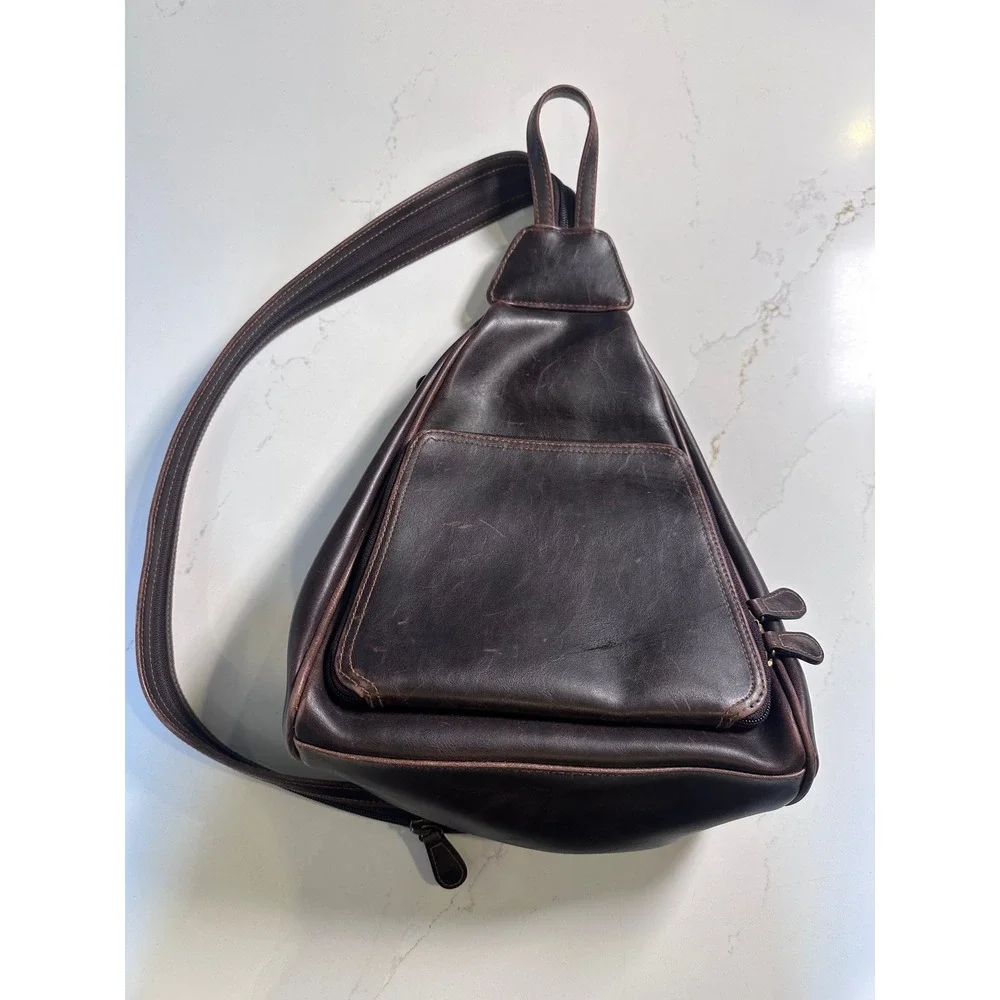 Villager Liz Claiborne Dark Brown Faux Leather Convertible Sling Backpack Y2K